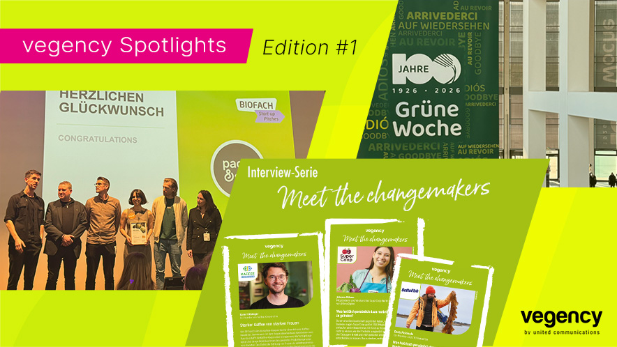 Neongrüner Hintergrund, in pinker Box steht "vegency Spotlights" und daneben "Edition 1". Zudem sind die Titelbilder der drei Beiträge des Newsletters eingebunden und das vegency-Logo.